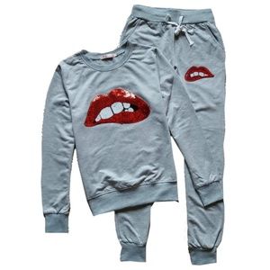 Sequin Lip Sweat Suit Gray